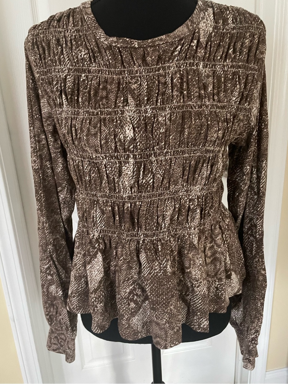 Anthropologie Pilcro Brown Snake-Print Smocked Long-Sleeve Peplum Top